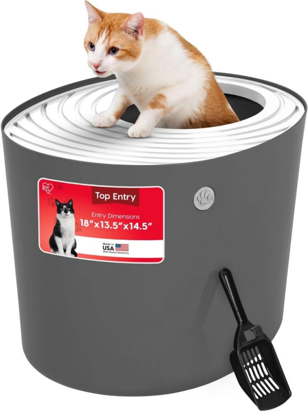 Hooded Privacy Cat Litter Box, Large Top Entry Design, Dark Gray/White Color